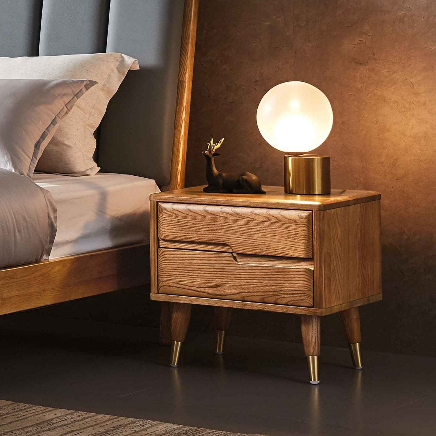 Mid-Century Ash Wood Brass Nightstand 1/2-Drawer