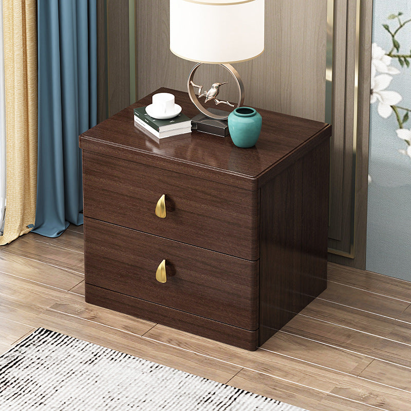 Chinese Wood Brass Nightstand 2-Drawer — Black Walnut Color