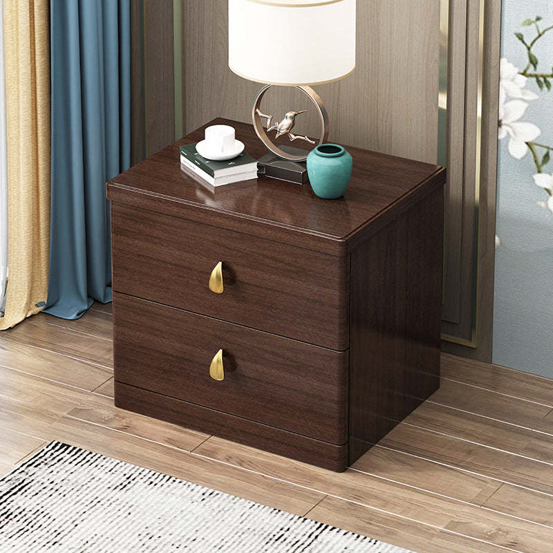 Chinese Wood Brass Nightstand 2-Drawer — Black Walnut Color