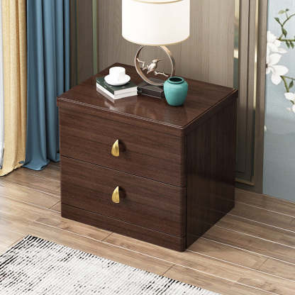 Chinese Wood Brass Nightstand 2-Drawer — Black Walnut Color