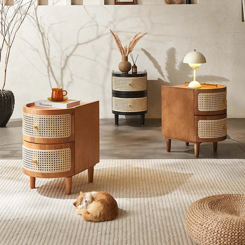Japanese Oval Ash Rattan Nightstand 2-Drawer