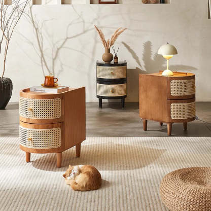 Japanese Oval Ash Rattan Nightstand 2-Drawer