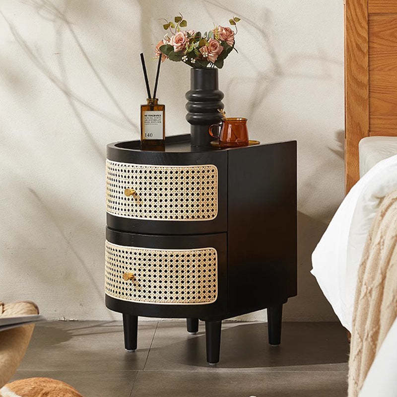 Japanese Oval Ash Rattan Nightstand 2-Drawer — Cherry Wood Color