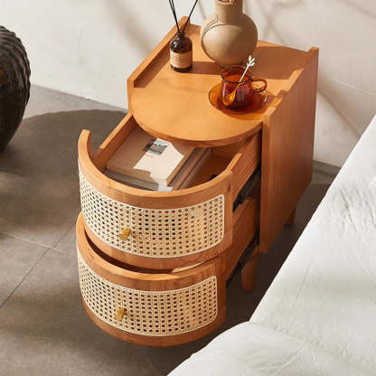 Japanese Oval Ash Rattan Nightstand 2-Drawer