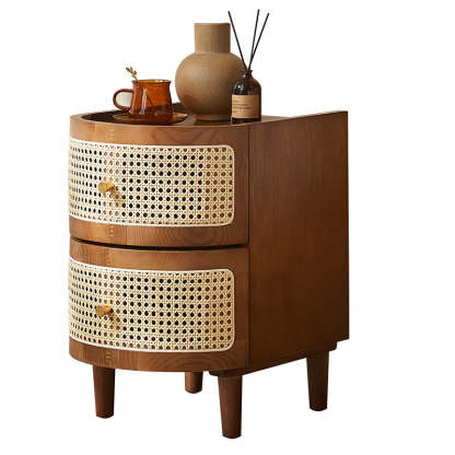Japanese Oval Ash Rattan Nightstand 2-Drawer