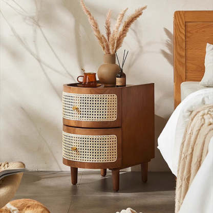 Japanese Oval Ash Rattan Nightstand 2-Drawer — Black