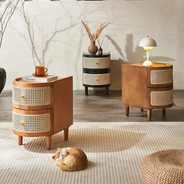 Japanese Oval Ash Rattan Nightstand 2-Drawer