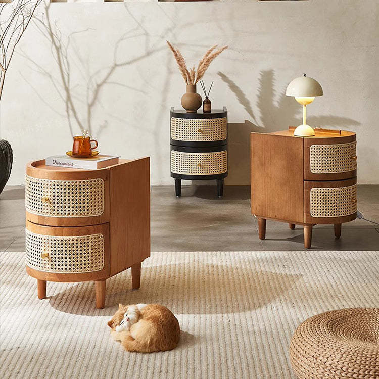 Japanese Oval Ash Rattan Nightstand 2-Drawer — Walnut Color