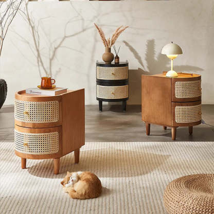 Japanese Oval Ash Rattan Nightstand 2-Drawer — Walnut Color