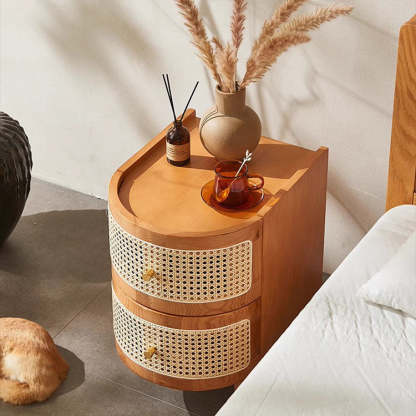 Japanese Oval Ash Rattan Nightstand 2-Drawer