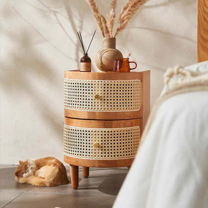 Japanese Oval Ash Rattan Nightstand 2-Drawer