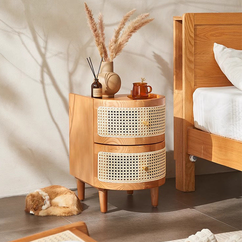 Japanese Oval Ash Rattan Nightstand 2-Drawer