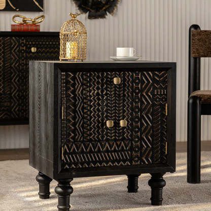 Retro Wood Metal 1-Cabinet Table — Black