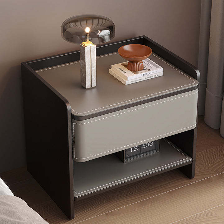 Coastal Solid Wood Saddle Leather 1-Drawer Nightstand — I