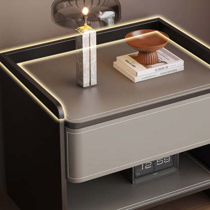 Coastal Solid Wood Saddle Leather 1-Drawer Nightstand — H