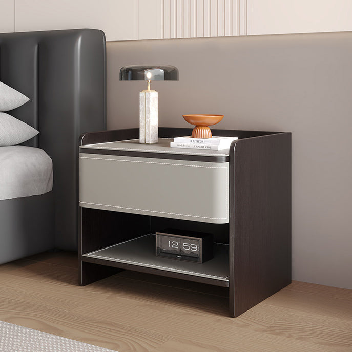 Coastal Solid Wood Saddle Leather 1-Drawer Nightstand — J