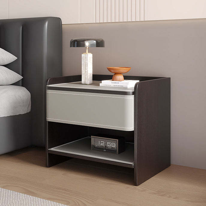 Coastal Solid Wood Saddle Leather 1-Drawer Nightstand — J