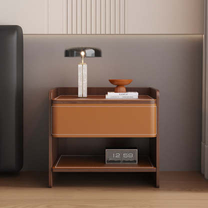 Coastal Solid Wood Saddle Leather 1-Drawer Nightstand