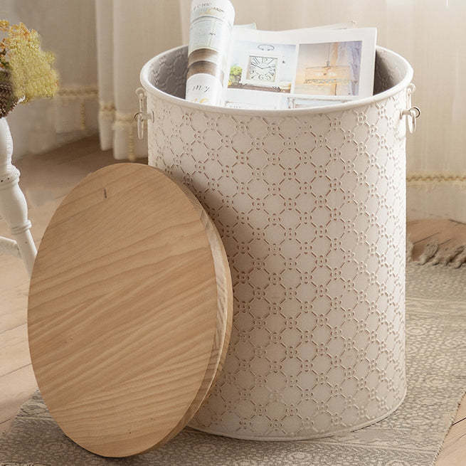 French Cylinder Iron Wood Side Table 1-Storage