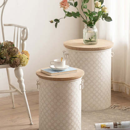 French Cylinder Iron Wood Side Table 1-Storage