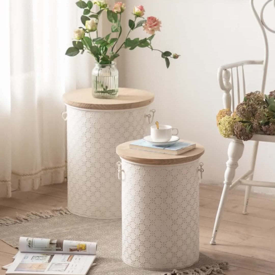 French Cylinder Iron Wood Side Table 1-Storage