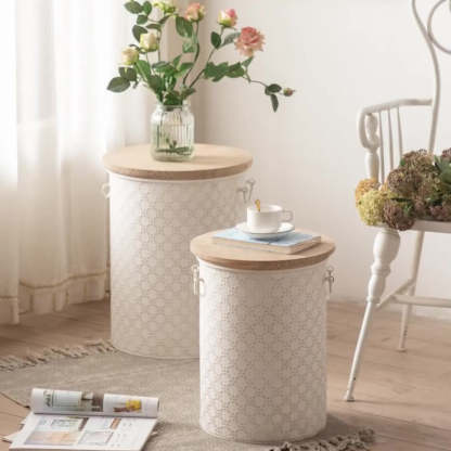 French Cylinder Iron Wood Side Table 1-Storage