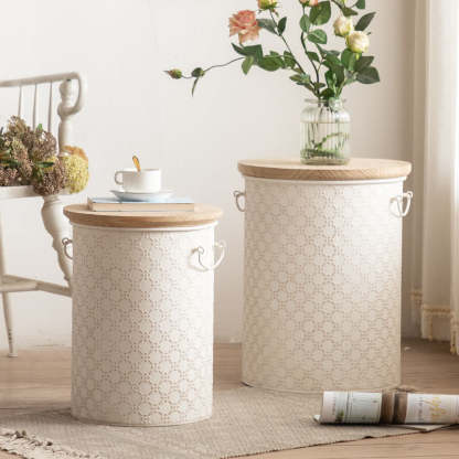 French Cylinder Iron Wood Side Table 1-Storage