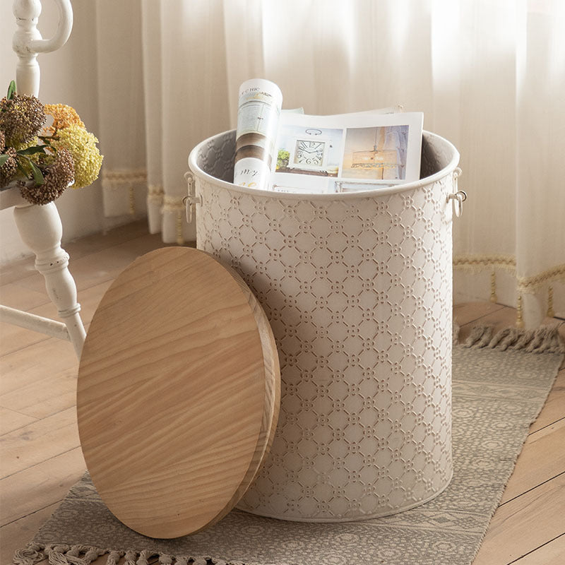 French Cylinder Iron Wood Side Table 1-Storage