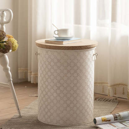 French Cylinder Iron Wood Side Table 1-Storage