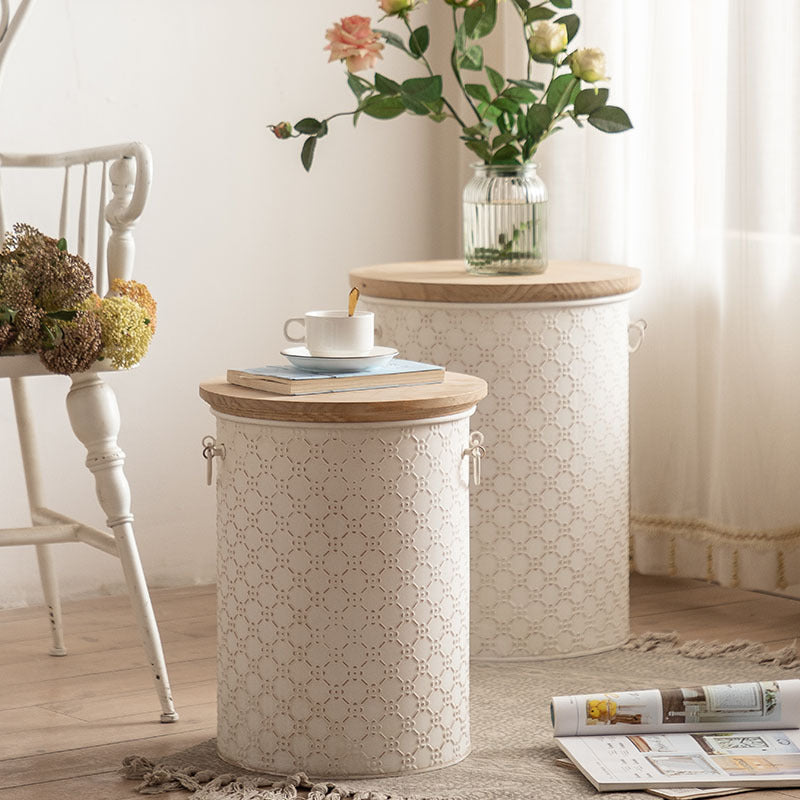 French Cylinder Iron Wood Side Table 1-Storage