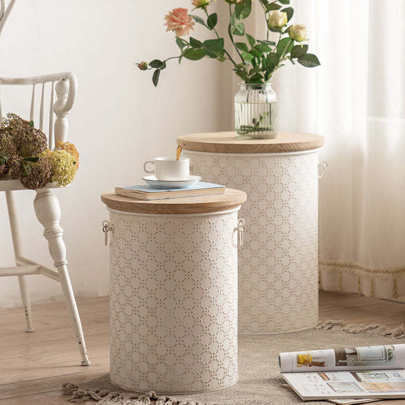 French Cylinder Iron Wood Side Table 1-Storage