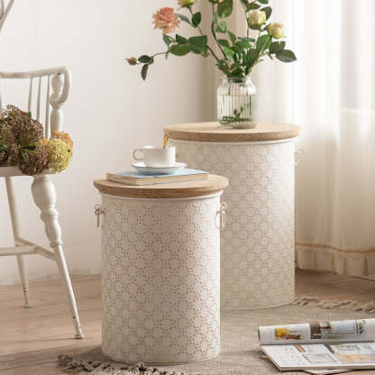 French Cylinder Iron Wood Side Table 1-Storage