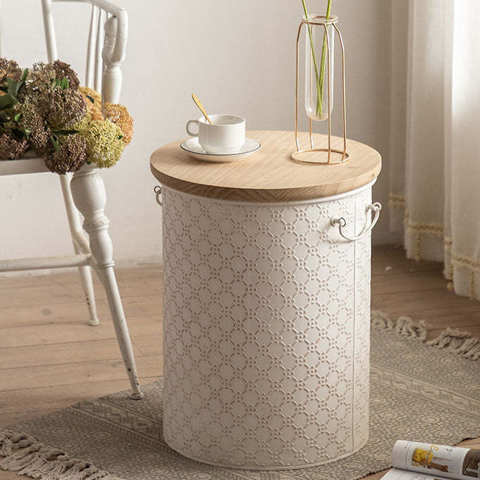French Cylinder Iron Wood Side Table 1-Storage