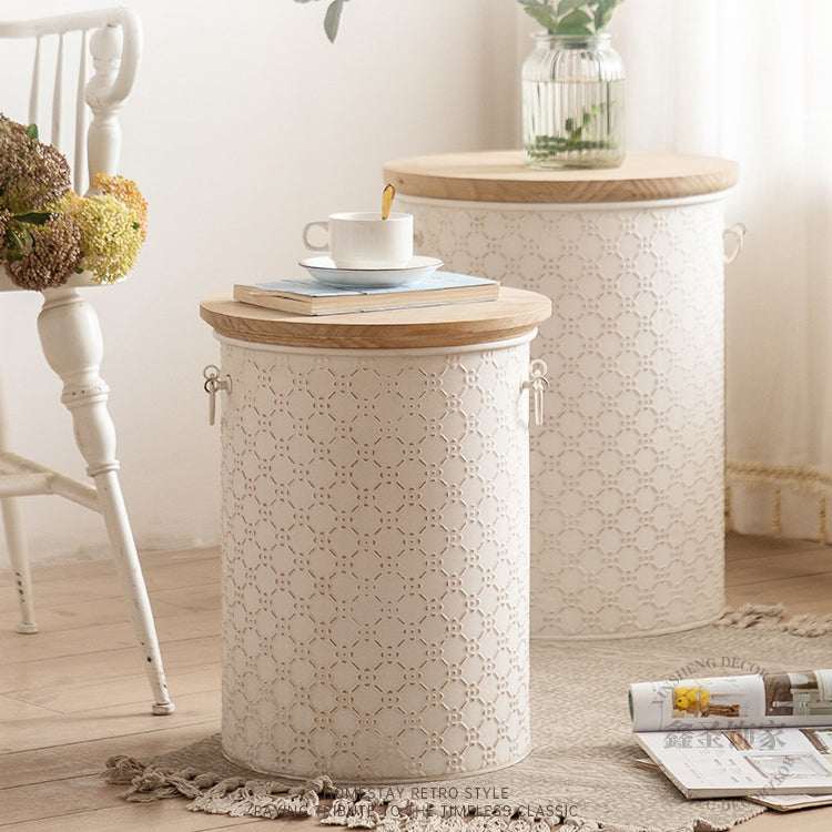 French Cylinder Iron Wood Side Table 1-Storage
