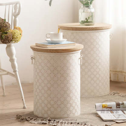 French Cylinder Iron Wood Side Table 1-Storage