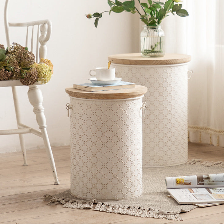 French Cylinder Iron Wood Side Table 1-Storage