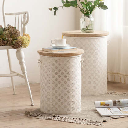 French Cylinder Iron Wood Side Table 1-Storage