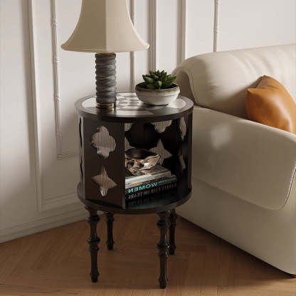 Mid-Century Glass Wood Side Table 1-Cabinet