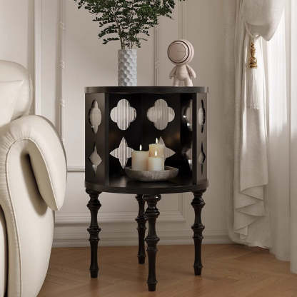 Mid-Century Glass Wood Side Table 1-Cabinet — Black