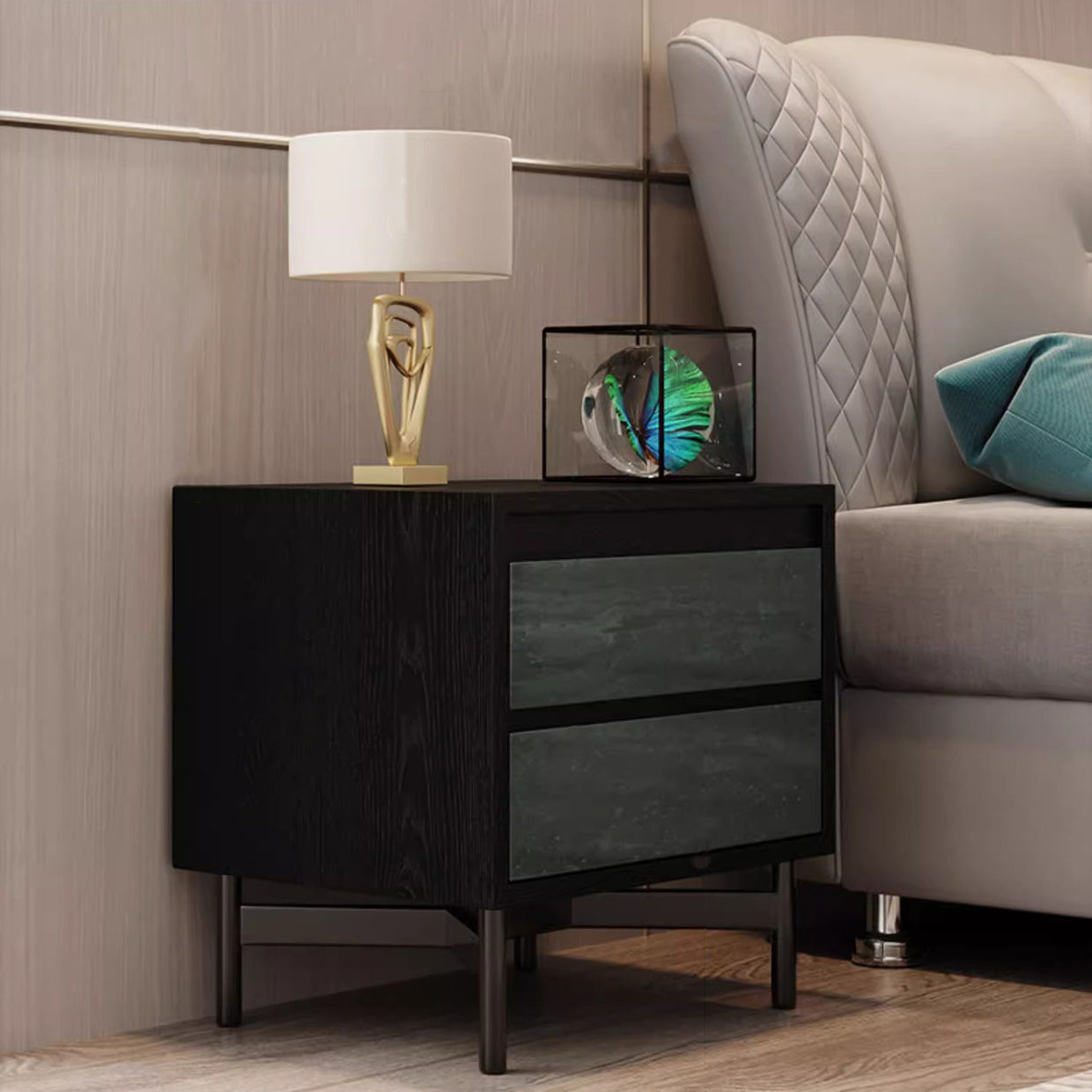 Modern Shabby Solid Wood 2-Drawer Nightstand