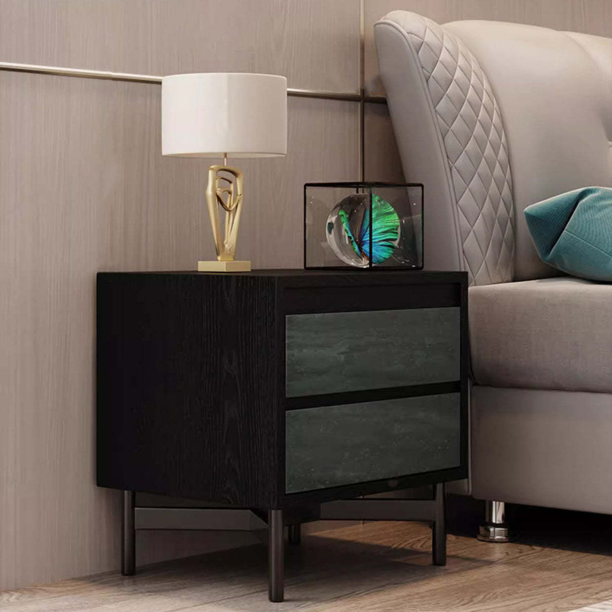 Modern Shabby Solid Wood 2-Drawer Nightstand