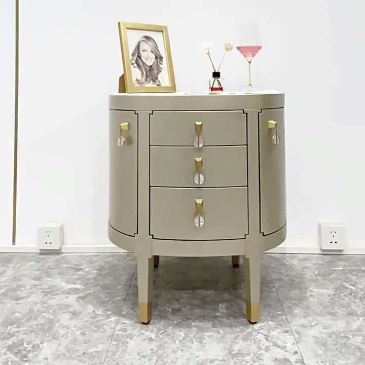Modern Eclectic Solid Wood Brass 3-Drawer Oval Nightstand