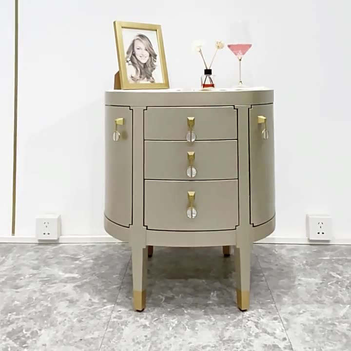 Modern Eclectic Solid Wood Brass 3-Drawer Oval Nightstand