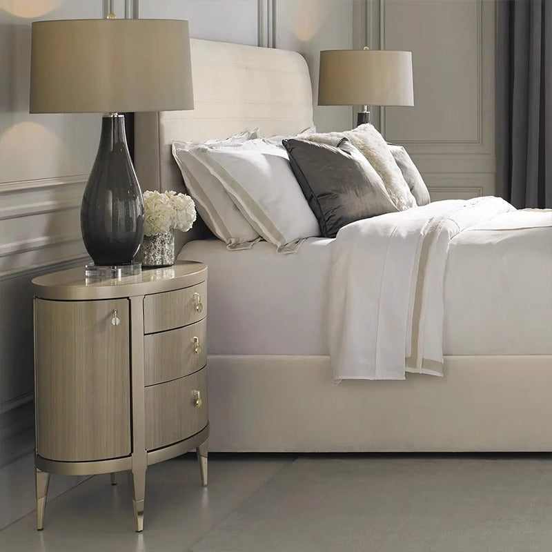 Modern Eclectic Solid Wood Brass 3-Drawer Oval Nightstand