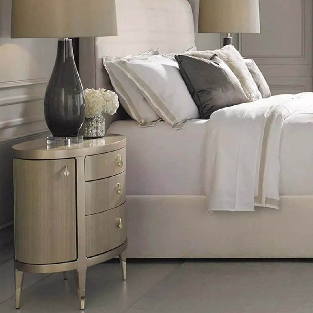 Modern Eclectic Solid Wood Brass 3-Drawer Oval Nightstand — Champagne Gold