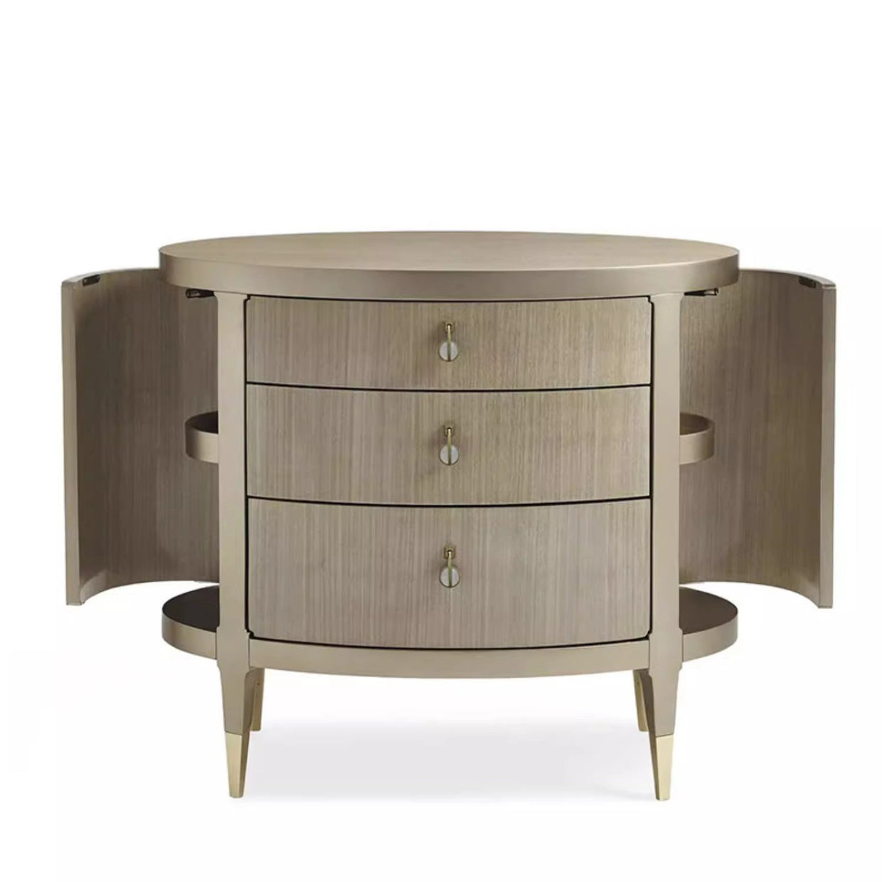 Modern Eclectic Solid Wood Brass 3-Drawer Oval Nightstand