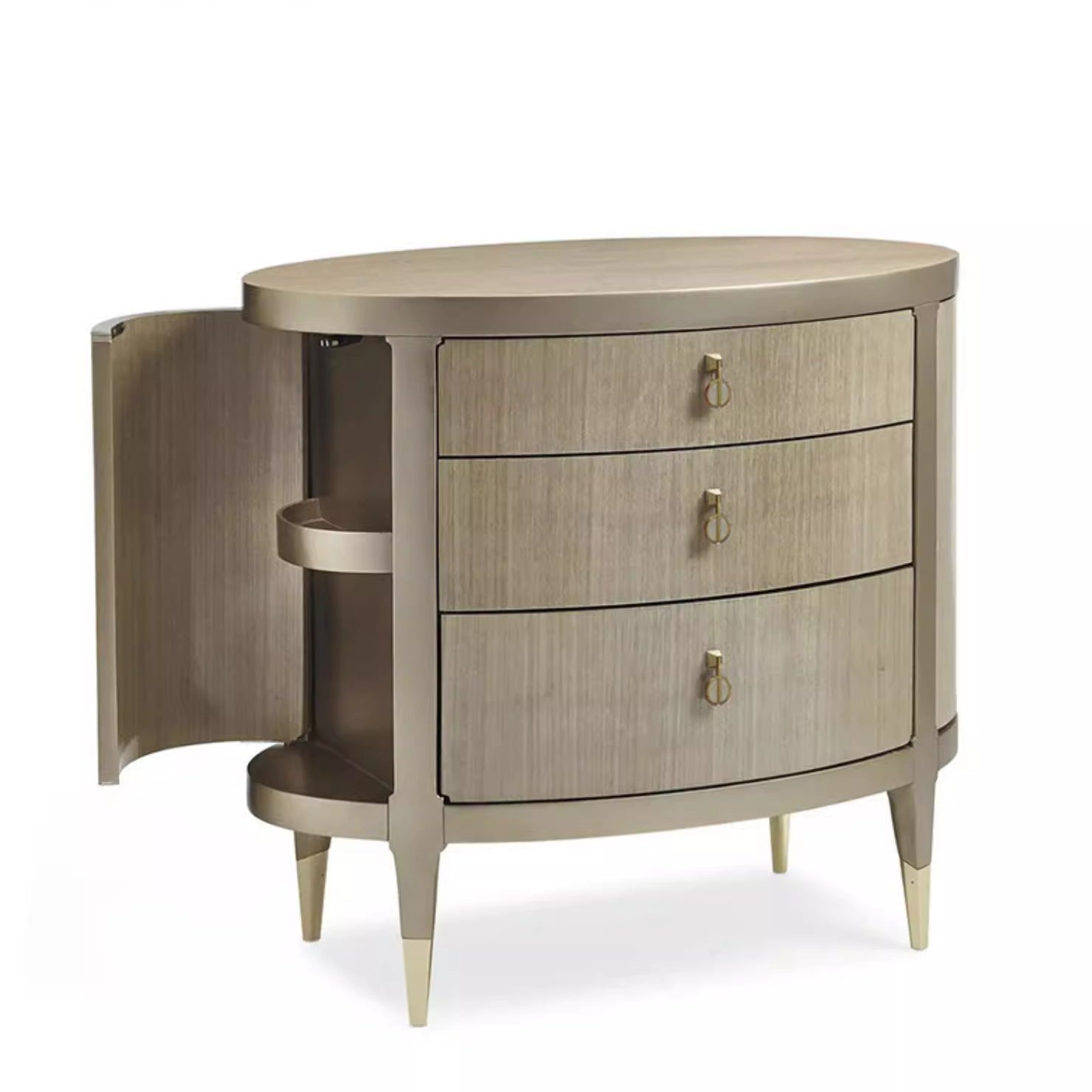 Modern Eclectic Solid Wood Brass 3-Drawer Oval Nightstand