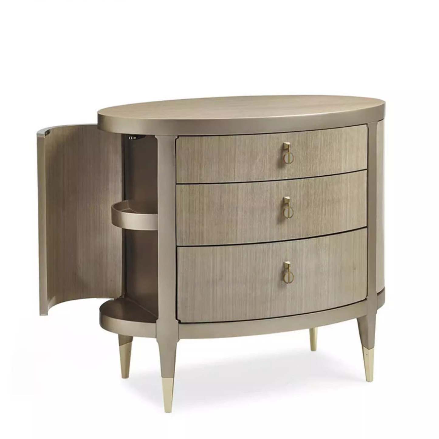 Modern Eclectic Solid Wood Brass 3-Drawer Oval Nightstand
