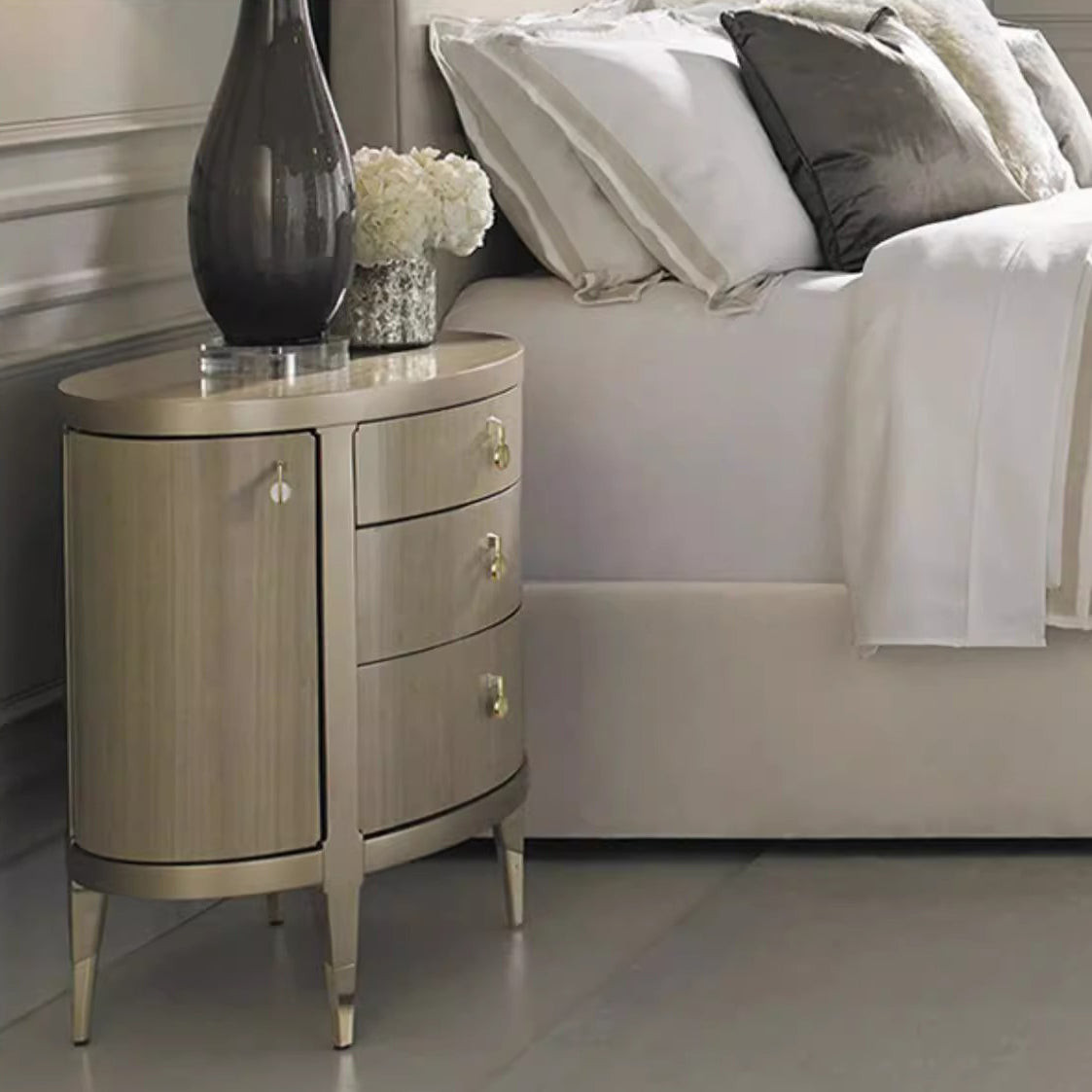 Modern Eclectic Solid Wood Brass 3-Drawer Oval Nightstand