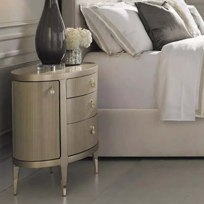 Modern Eclectic Solid Wood Brass 3-Drawer Oval Nightstand